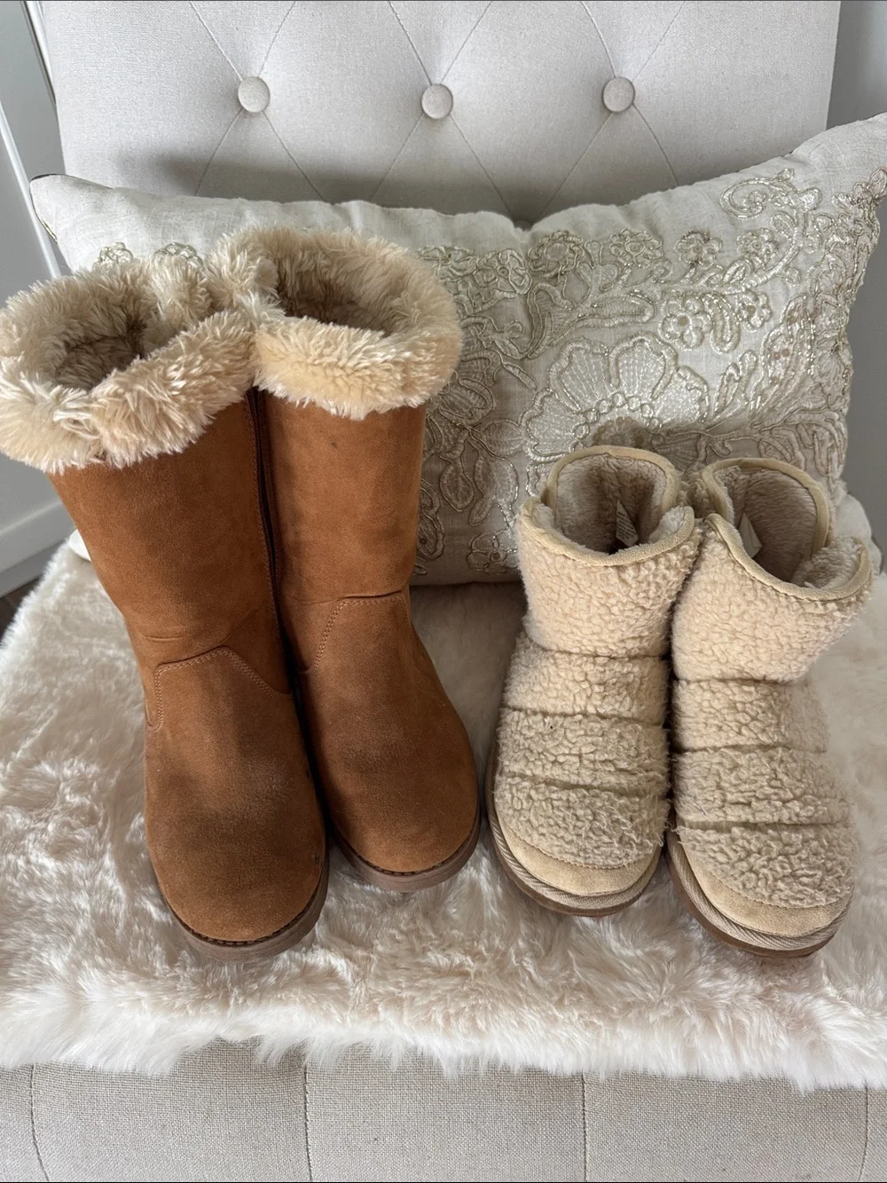 Cat & Jack Brown and Cream Faux Fur Kids Boots Duo